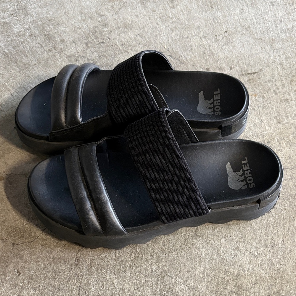 Sorel Black Slide Sandals with Textured Strap